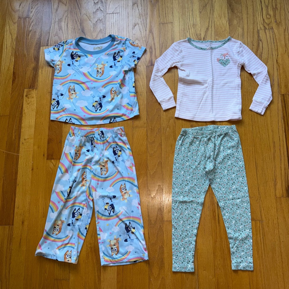 Bluey and Carters Pajama Set Lot 2 4T Girls Rainbow Floral Fox Sleepwear Bundle